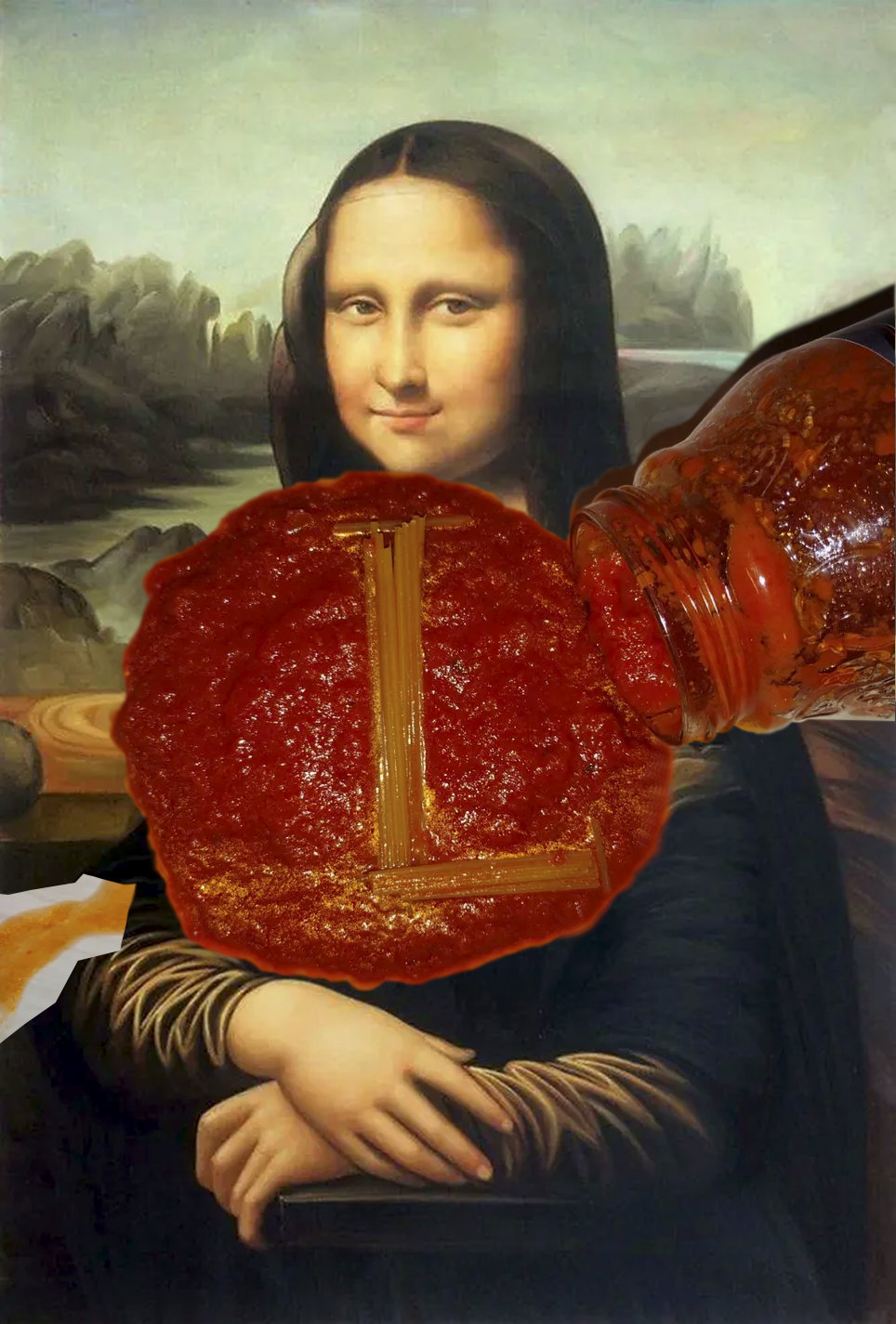 The Mona Lisa with spaghetti sauce spilled on it