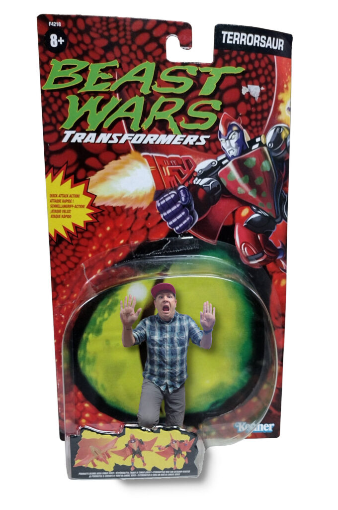 a man stuck inside an action figure package.